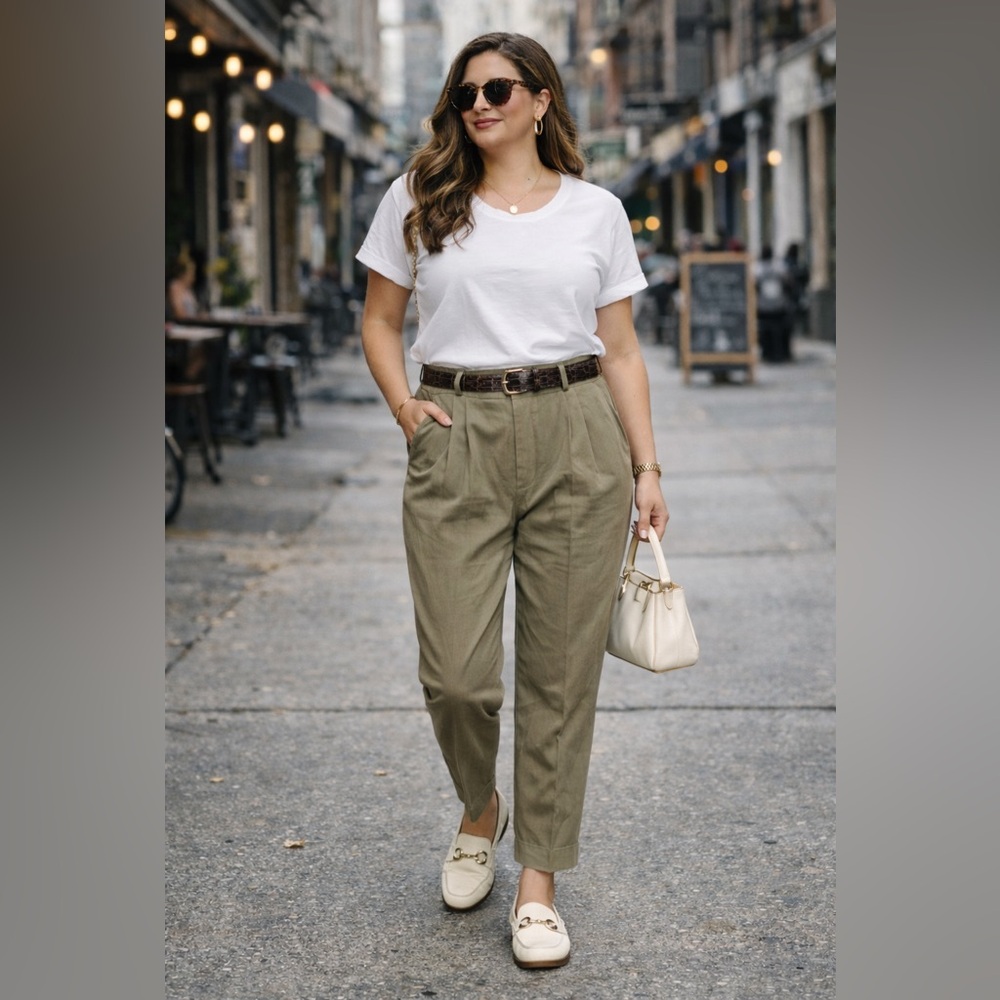 NEW Vintage Brooks Pleated Dress Pants Sz 12 Khaki High Rise Trousers Croc Belt